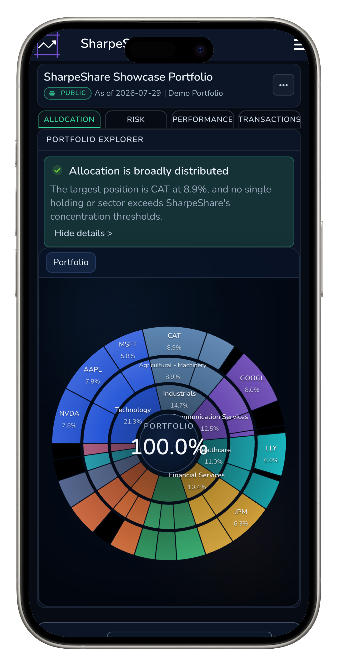 SharpeShare portfolio allocation view on iPhone