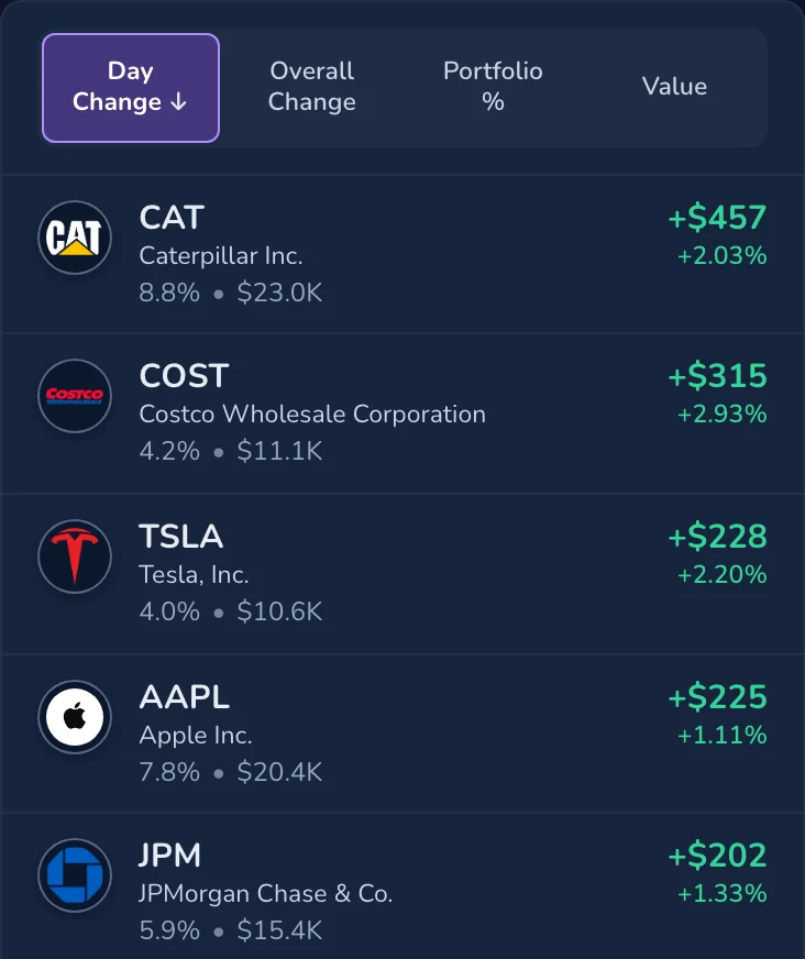 The Positions tab: each holding of the Demo Portfolio with its weight, value and gains.