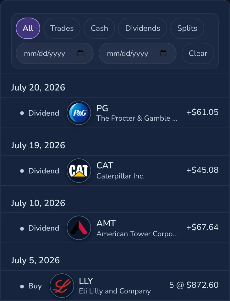 The Transactions tab: the Demo Portfolio's trades, dividends and cash movements from the broker.